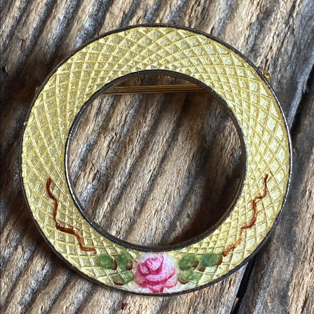 Vintage Guilloche Enamel Round Pin Brooch with Rose